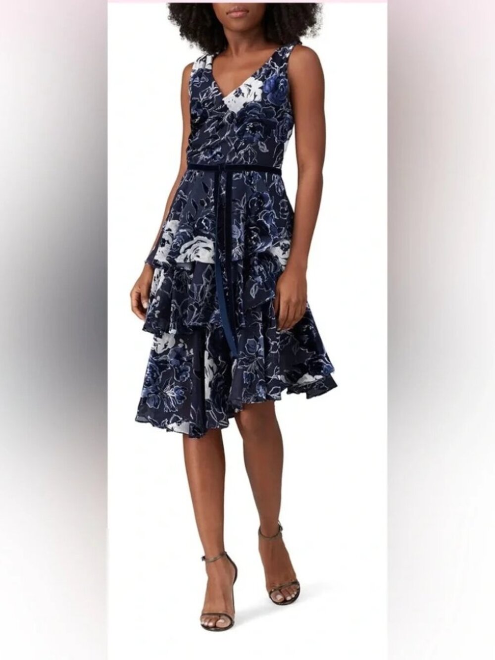 Marchesa Notte Velvet Tiered Cocktail Sleeveles Midi Dress Sz 14